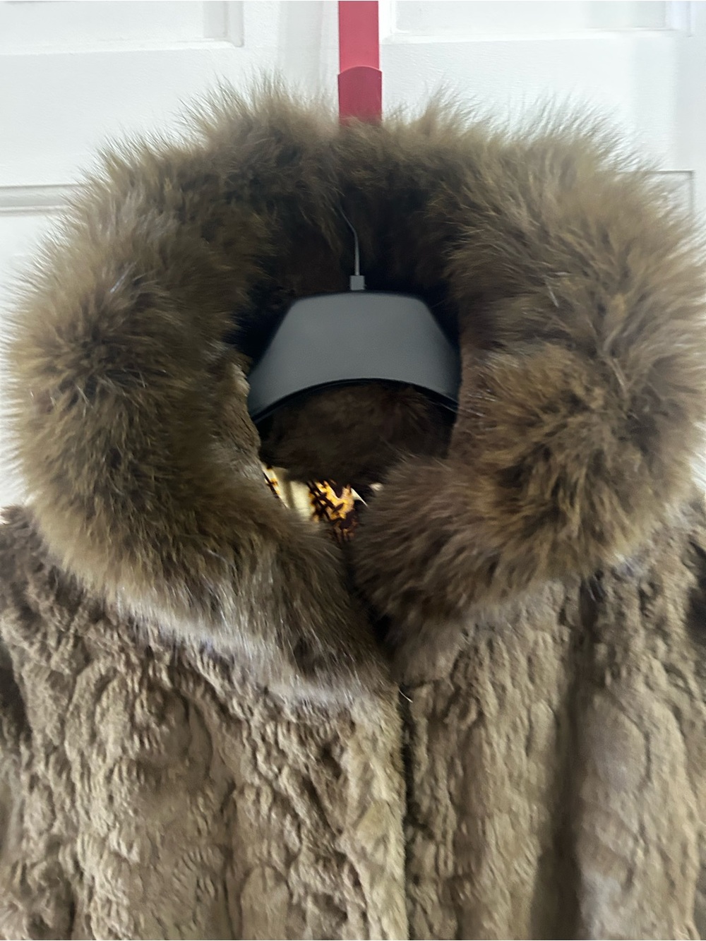 Olive Green Rabbit Fur Coat Genuine Fox Fur Hood Collar M/L - Picture 6 of 11